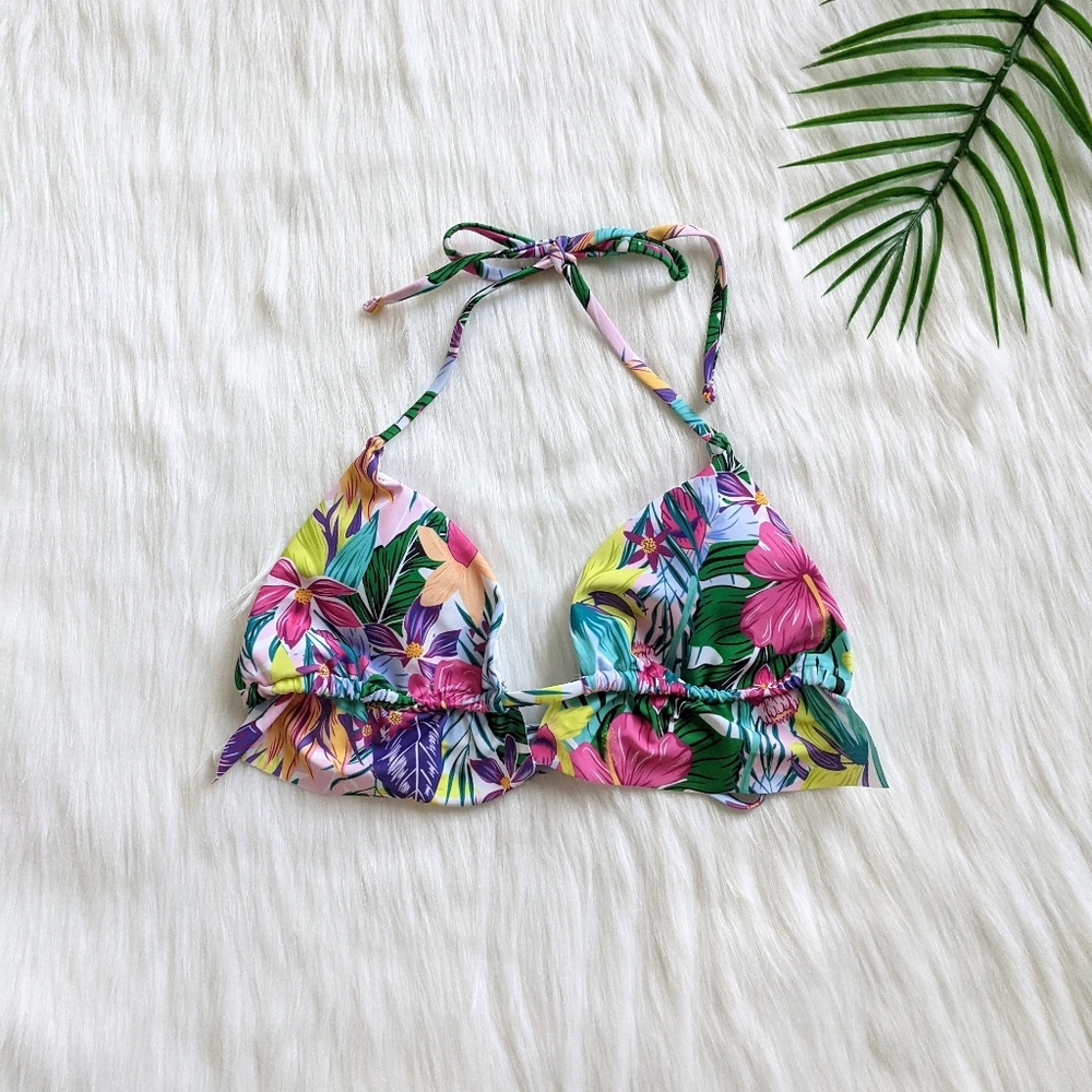 Colorful Tropical floral ruffle trim bikini top size S